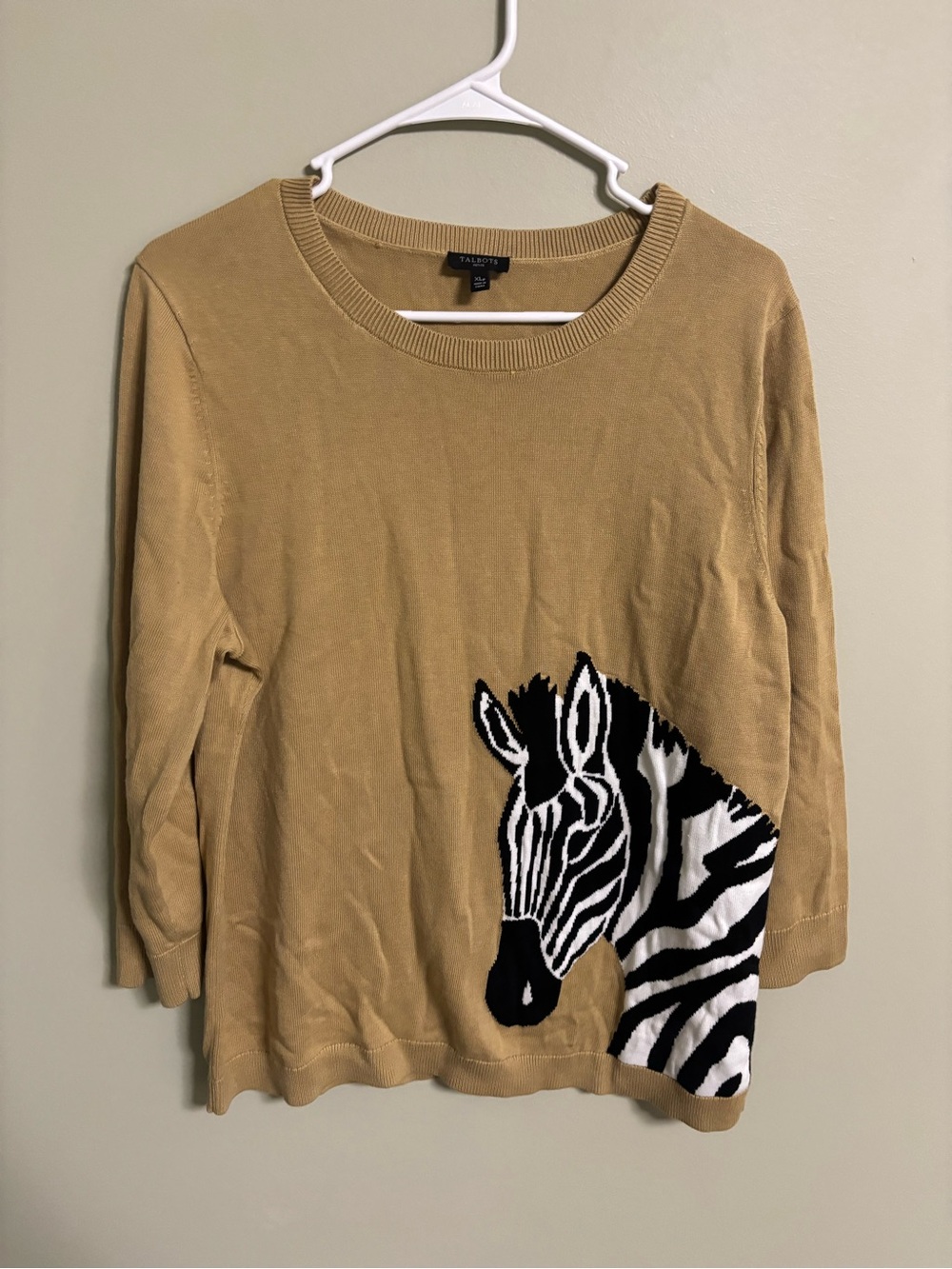 Talbots Zebra Print Pullover Sweater Size XL Beige 3/4 Sleeve Safari Whimsical